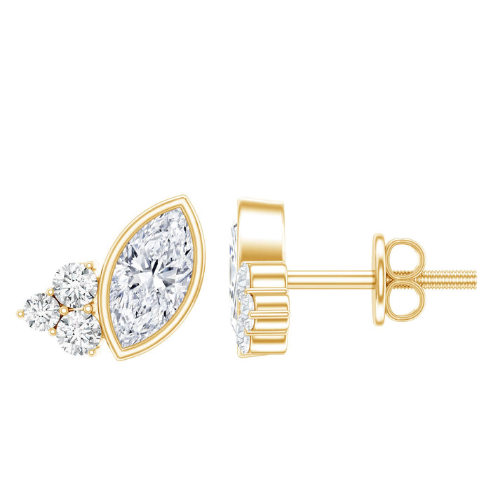 Rosec Jewels bezel set lab-grown marquise diamond stud earrings, showcasing elegant diamond settings on sterling silver posts.
