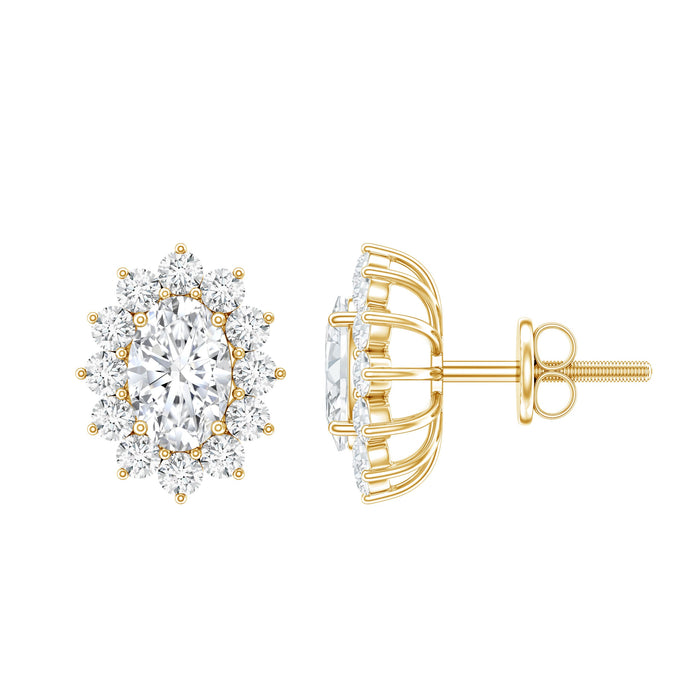 Oval-shaped lab-grown diamond halo stud earrings by Rosec Jewels, featuring sparkling diamonds on a sleek metal setting.