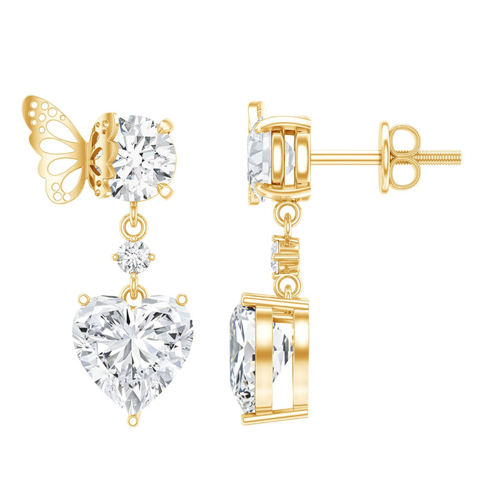 Heart-shaped lab-grown diamond butterfly drop earrings by Rosec Jewels featuring sparkling diamond accents and delicate butterfly design.