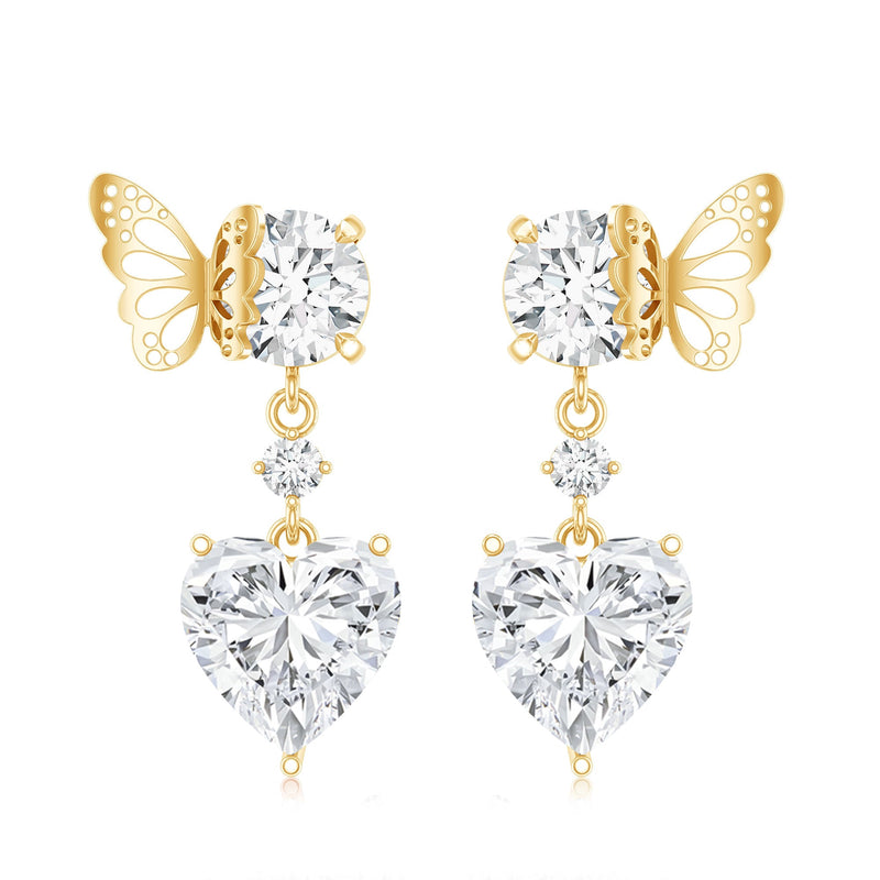 Heart-shaped lab-grown diamond butterfly drop earrings by Rosec Jewels, featuring sparkling diamonds and elegant butterfly design.