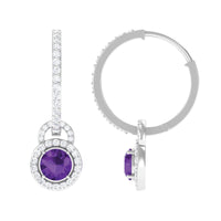 Real Amethyst Drop Hoop Earrings with Moissanite Halo