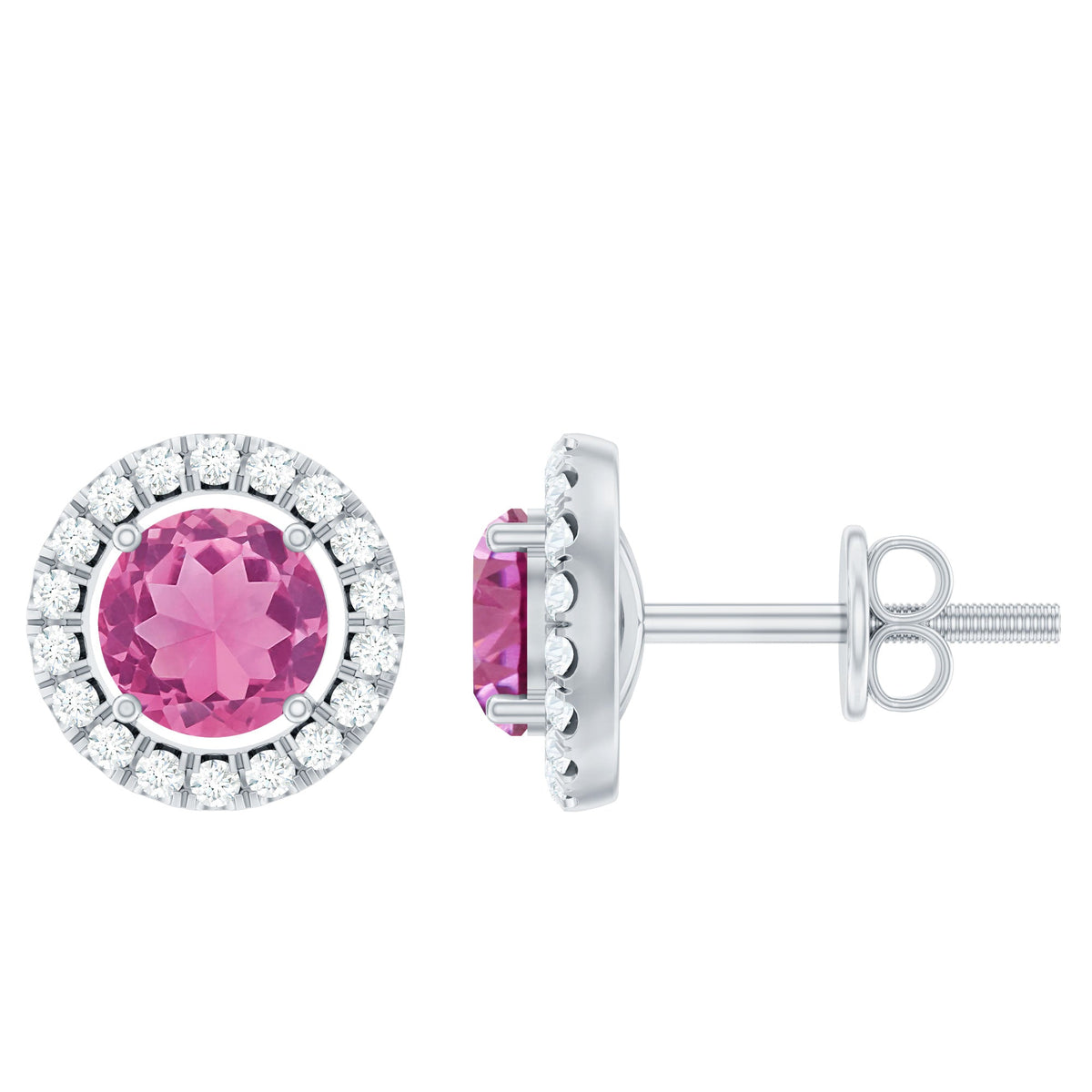 Natural pink tourmaline and diamond halo stud earrings by Rosec Jewels featuring sparkling gemstones and elegant design.