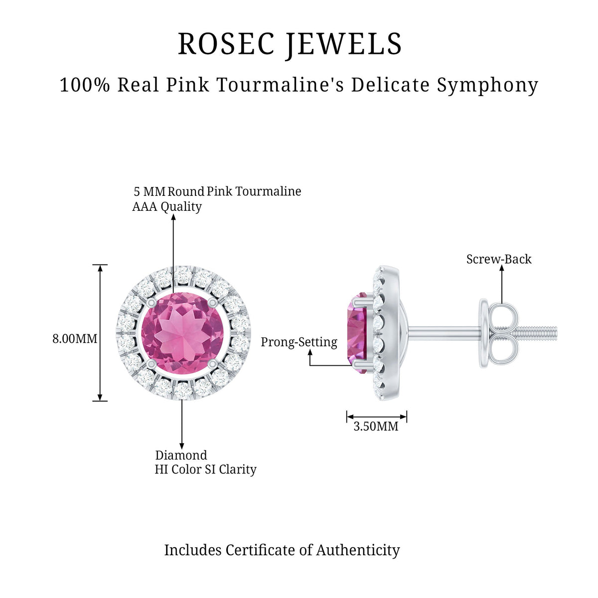 Natural pink tourmaline and diamond halo stud earrings by Rosec Jewels featuring pink gemstones surrounded by sparkling diamonds.