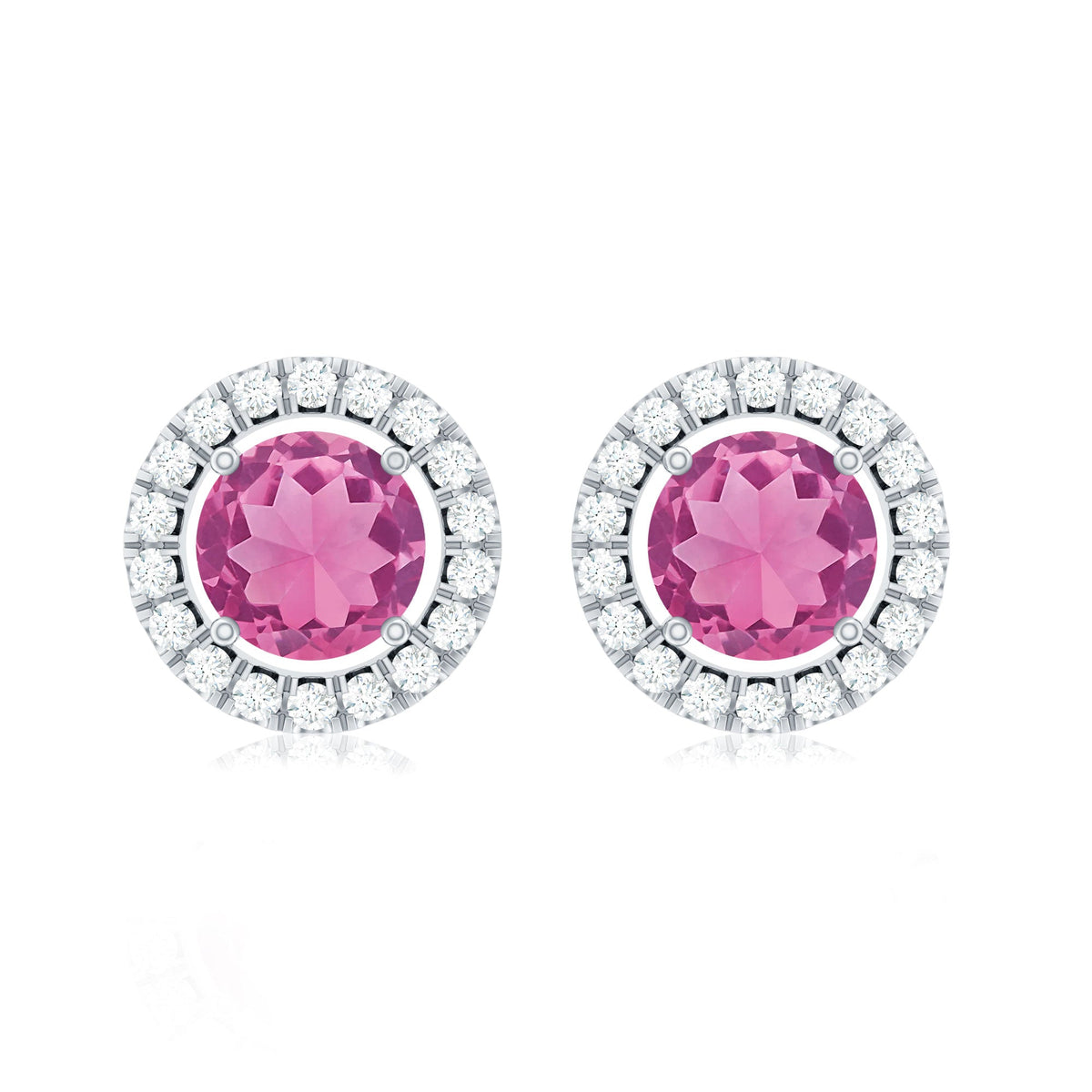Natural pink tourmaline and diamond halo stud earrings by Rosec Jewels, featuring pink gemstones with sparkling diamond accents.