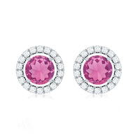 Natural pink tourmaline and diamond halo stud earrings by Rosec Jewels, featuring pink gemstones with sparkling diamond accents.