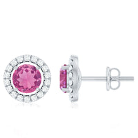 Natural pink tourmaline and diamond halo stud earrings by Rosec Jewels, showcasing pink gemstones surrounded by sparkling diamonds.