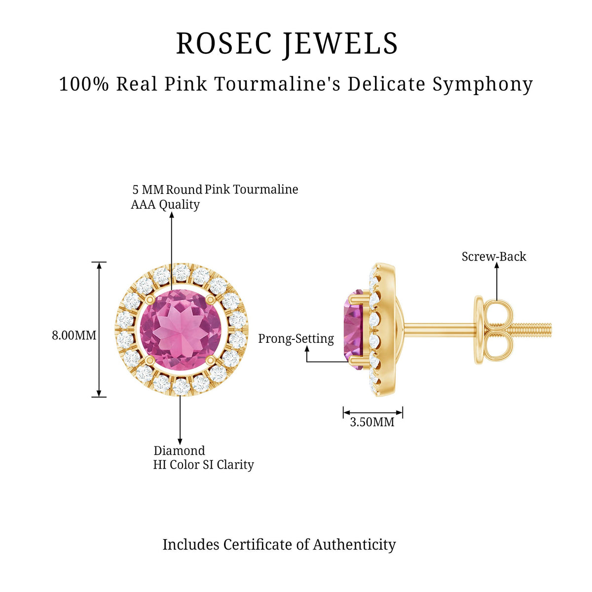 Natural pink tourmaline and diamond halo stud earrings by Rosec Jewels, featuring sparkling gemstones and elegant design.
