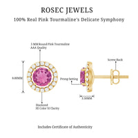 Natural pink tourmaline and diamond halo stud earrings by Rosec Jewels, featuring sparkling gemstones and elegant design.