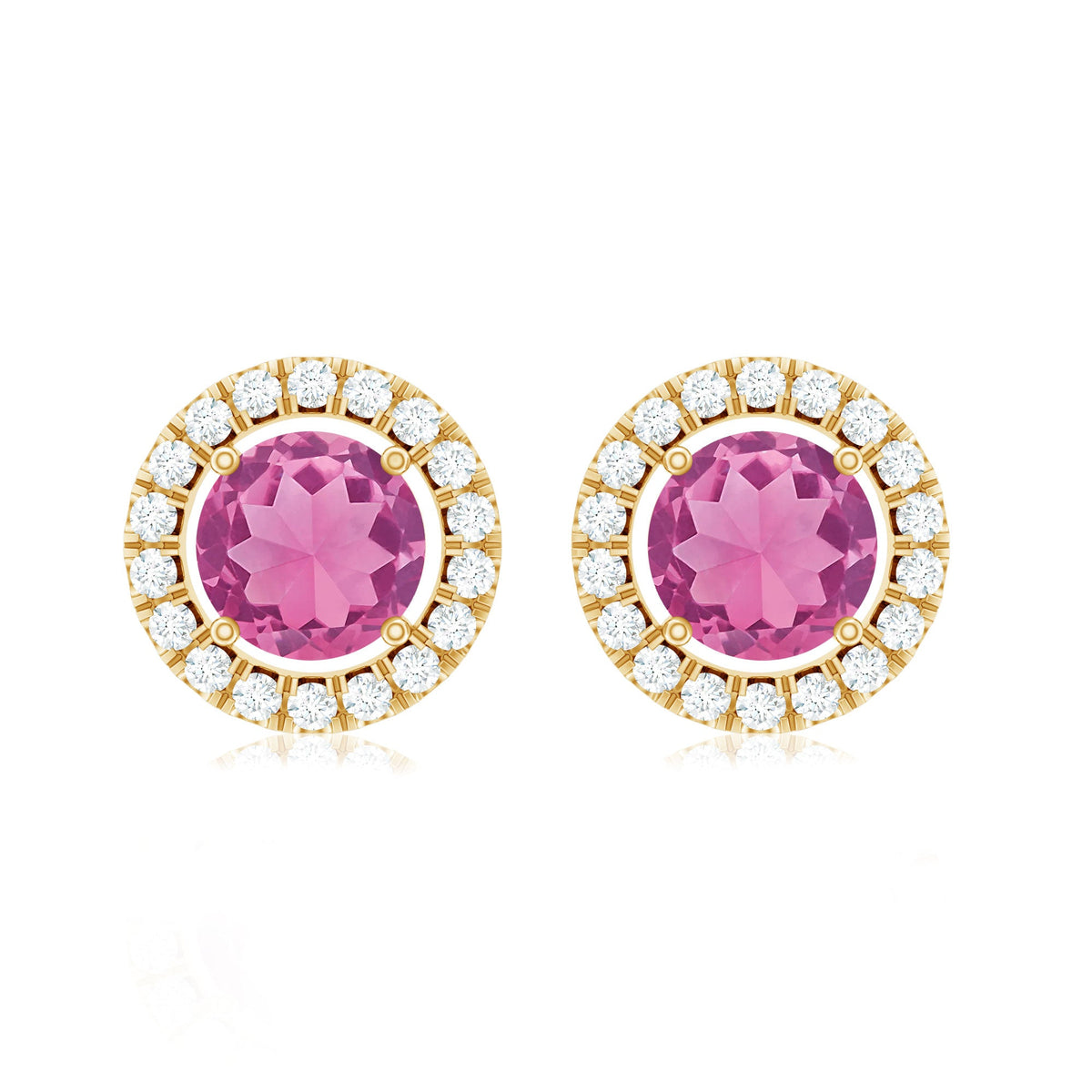 Natural pink tourmaline and diamond halo stud earrings with rose gold setting by Rosec Jewels, close-up of sparkling jewelry.