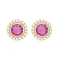 Natural pink tourmaline and diamond halo stud earrings with rose gold setting by Rosec Jewels, close-up of sparkling jewelry.