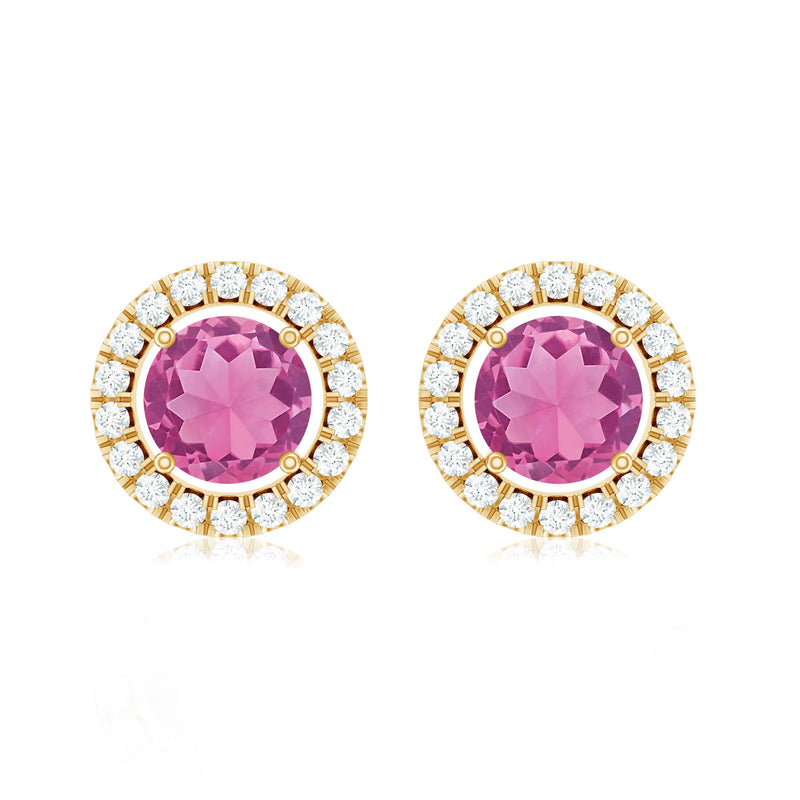 Natural pink tourmaline and diamond halo stud earrings with rose gold setting by Rosec Jewels, close-up of sparkling jewelry.
