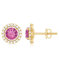 Natural pink tourmaline and diamond halo stud earrings by Rosec Jewels, featuring sparkling gemstones and elegant design.