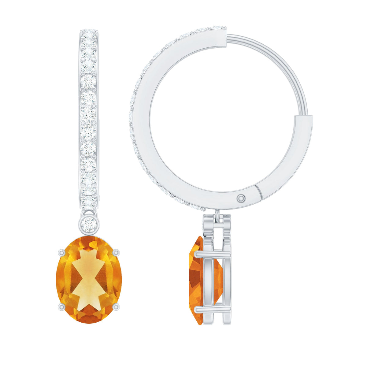 Oval Shape Citrine Hoop Drop Earrings with Diamond