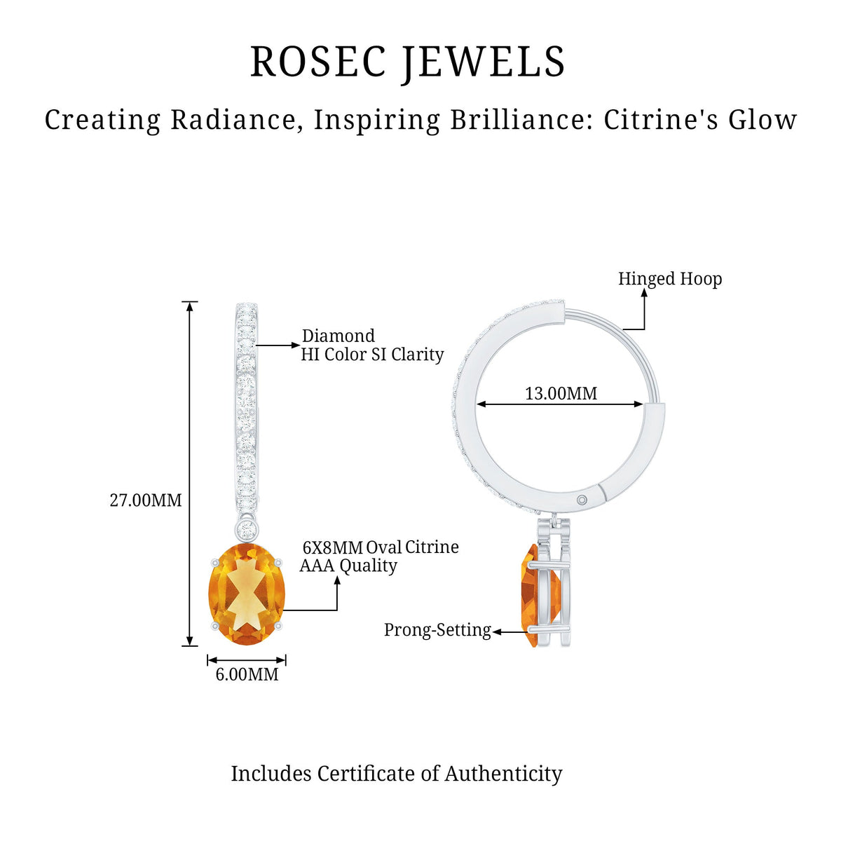 Oval Shape Citrine Hoop Drop Earrings with Diamond