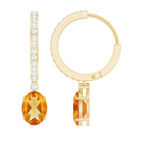 Oval Shape Citrine Hoop Drop Earrings with Diamond