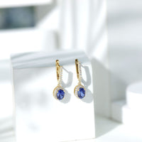 Lab Grown Blue Sapphire Hoop Drop Earrings with Moissanite Halo