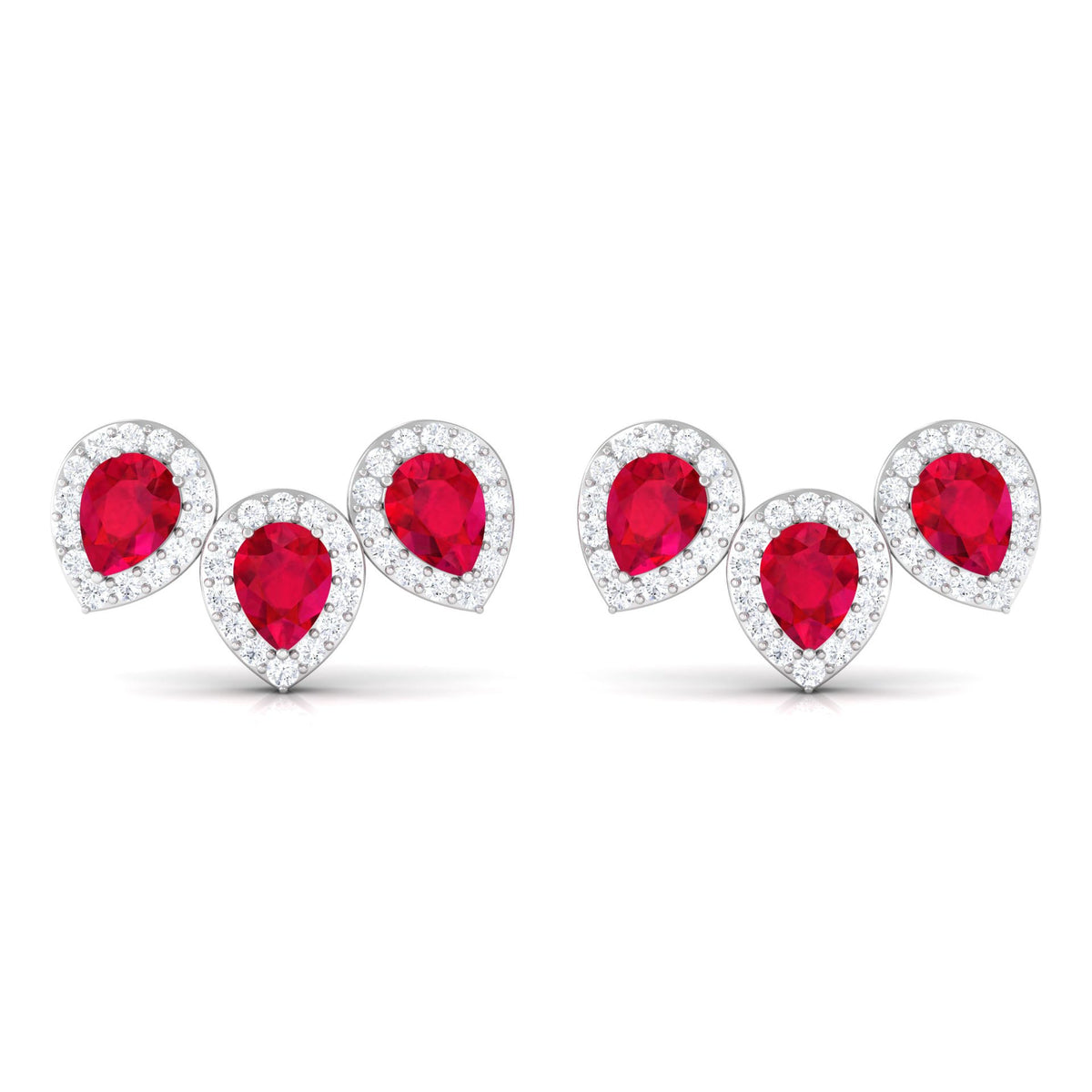 1.75 CT Created Ruby and Diamond Halo 3 Stone Earrings