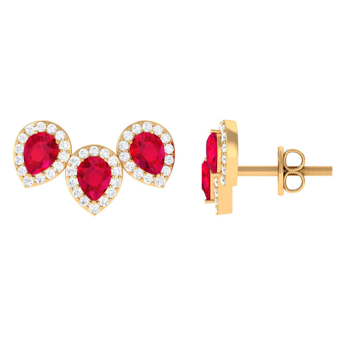 Rosec Jewels 1.75 CT created ruby and diamond halo earrings featuring three-stone design in elegant earrings.