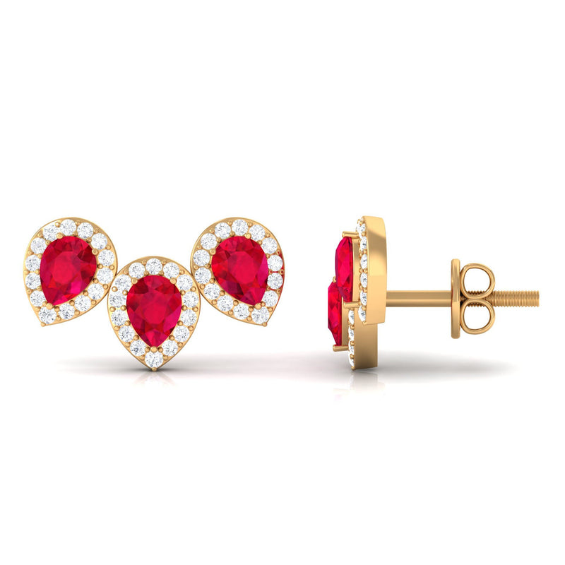 Rosec Jewels 1.75 CT created ruby and diamond halo earrings featuring three-stone design and elegant craftsmanship.
