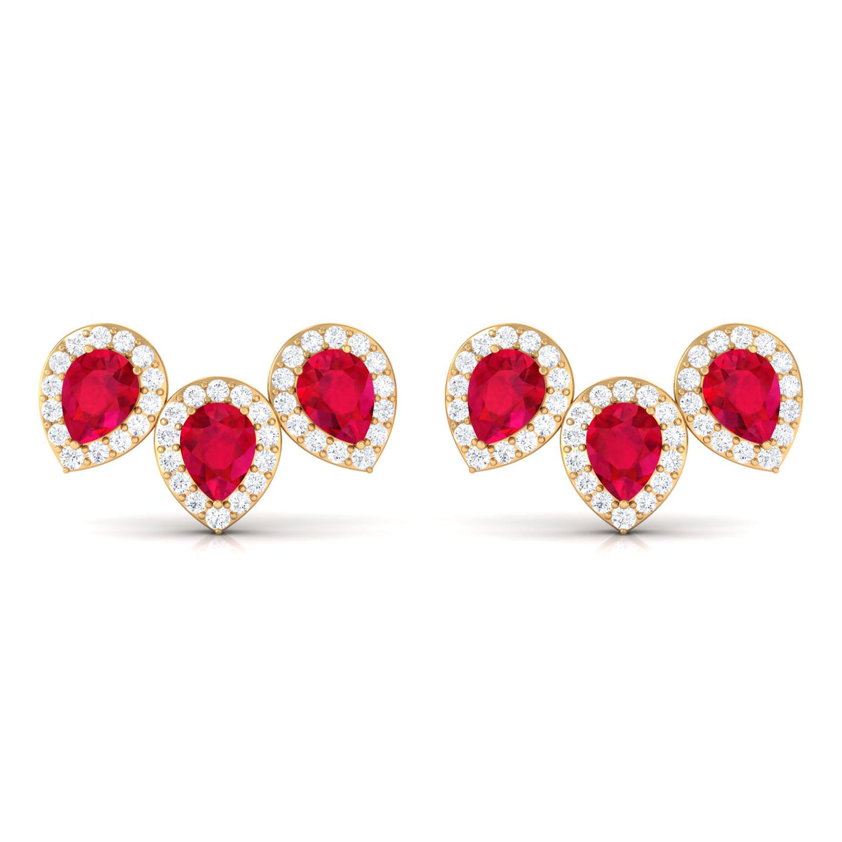 1.75 CT Created Ruby and Diamond Halo 3 Stone Earrings