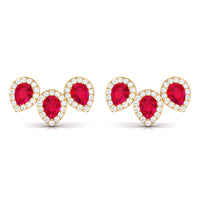 1.75 CT Created Ruby and Diamond Halo 3 Stone Earrings