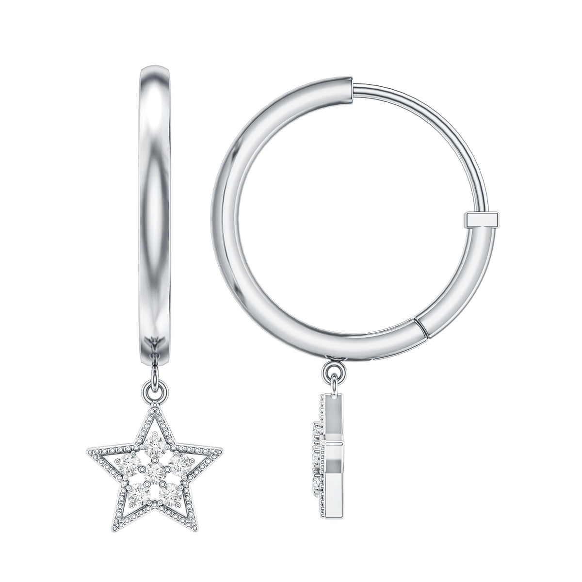 Rosec Jewels diamond star drop hoop earrings featuring sparkling diamond accents on gold hoops.