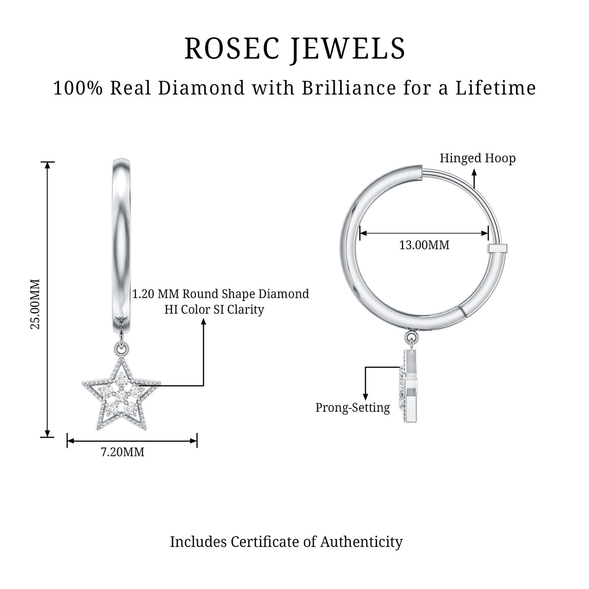 Rosec Jewels diamond star drop hoop earrings featuring elegant hoop design with sparkling diamond star accents.