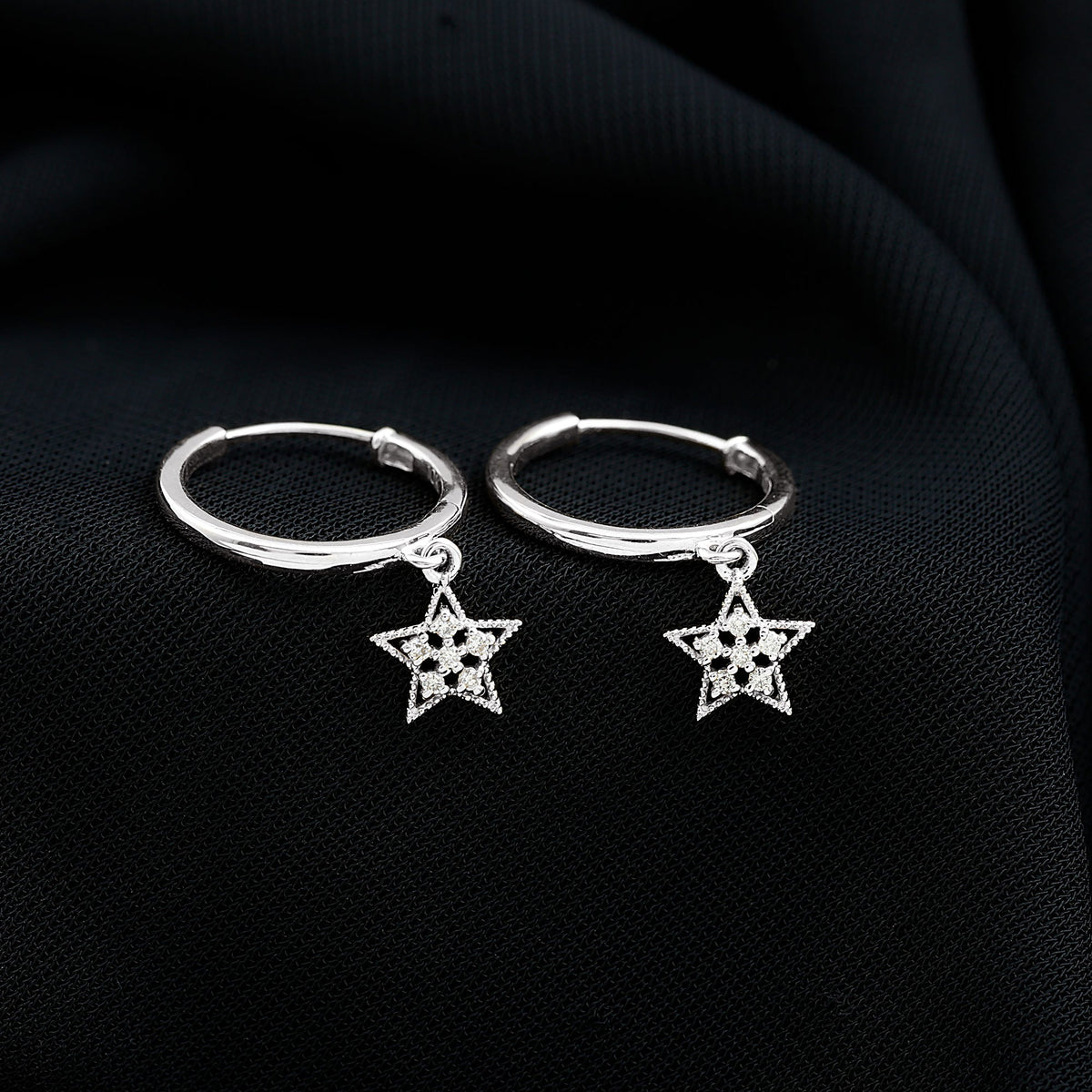Rosec Jewels diamond star drop hoop earrings with sparkling star-shaped design and elegant hoop style.
