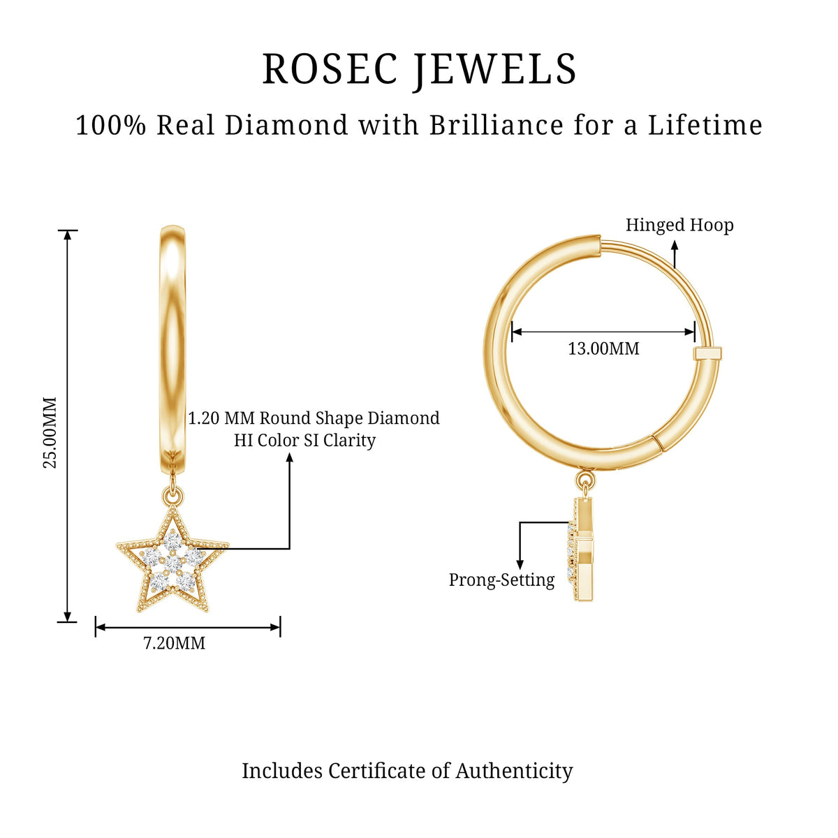 Rosec Jewels diamond star drop hoop earrings featuring sparkling diamond accents and a stylish hoop design.
