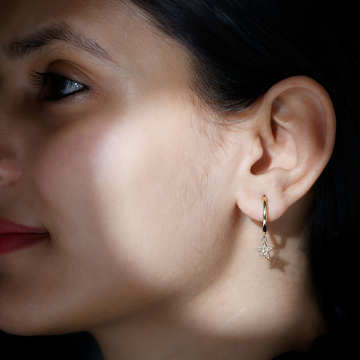 Rosec Jewels Diamond Star Drop Hoop Earrings featuring sparkling diamond accents on elegant hoop earrings.