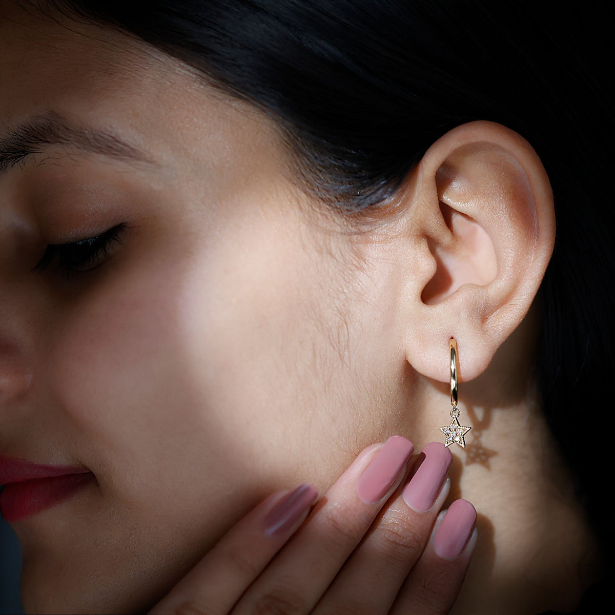 Rosec Jewels diamond star drop hoop earrings featuring sparkling star-shaped diamonds and sleek hoop design.