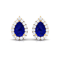 Lab Created Blue Sapphire Teardrop Stud Earrings with Diamond Halo