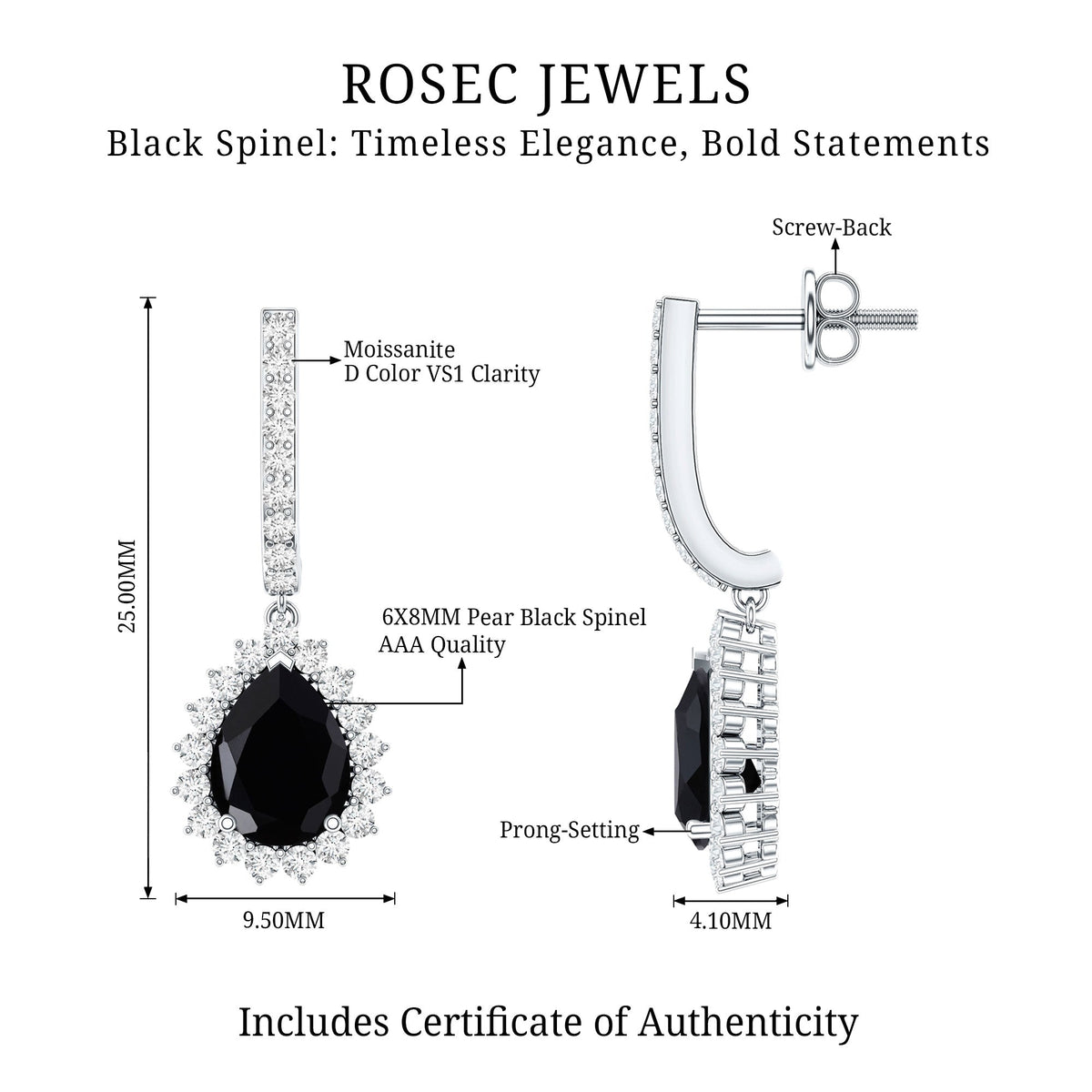 Natural 6X8mm Black Spinel Teardrop Earrings with Moissanite Halo