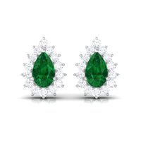 Lab Created Emerald Teardrop Stud Earrings with Moissanite Halo
