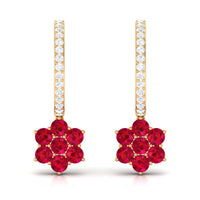 Lab Created Ruby Flower Drop Hoop Earrings with Diamond