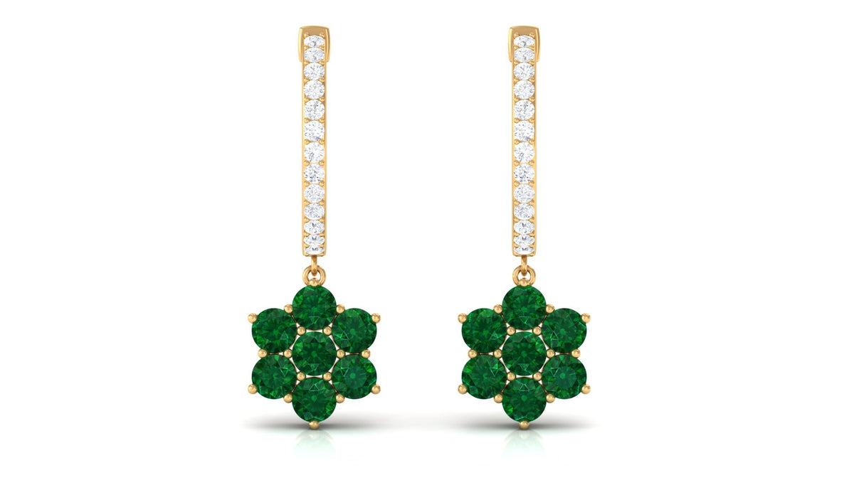 Lab Created Emerald and Diamond Flower Hoop Drop Earrings