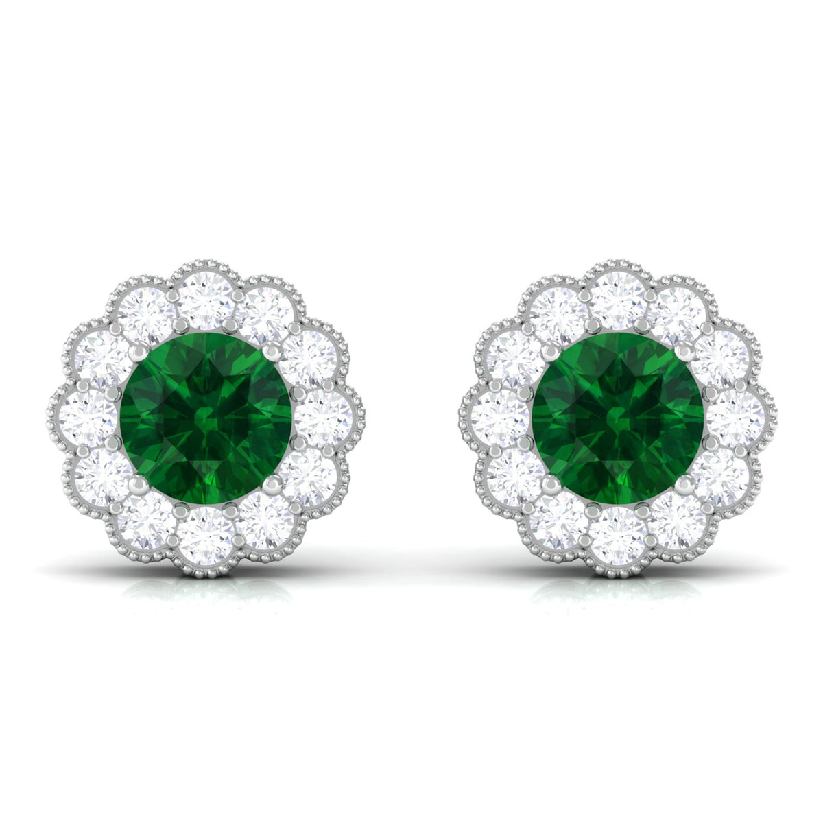 Lab Created Emerald Floral Stud Earrings with Diamond Halo
