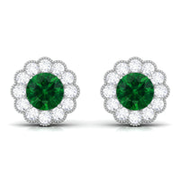 Lab Created Emerald Floral Stud Earrings with Diamond Halo