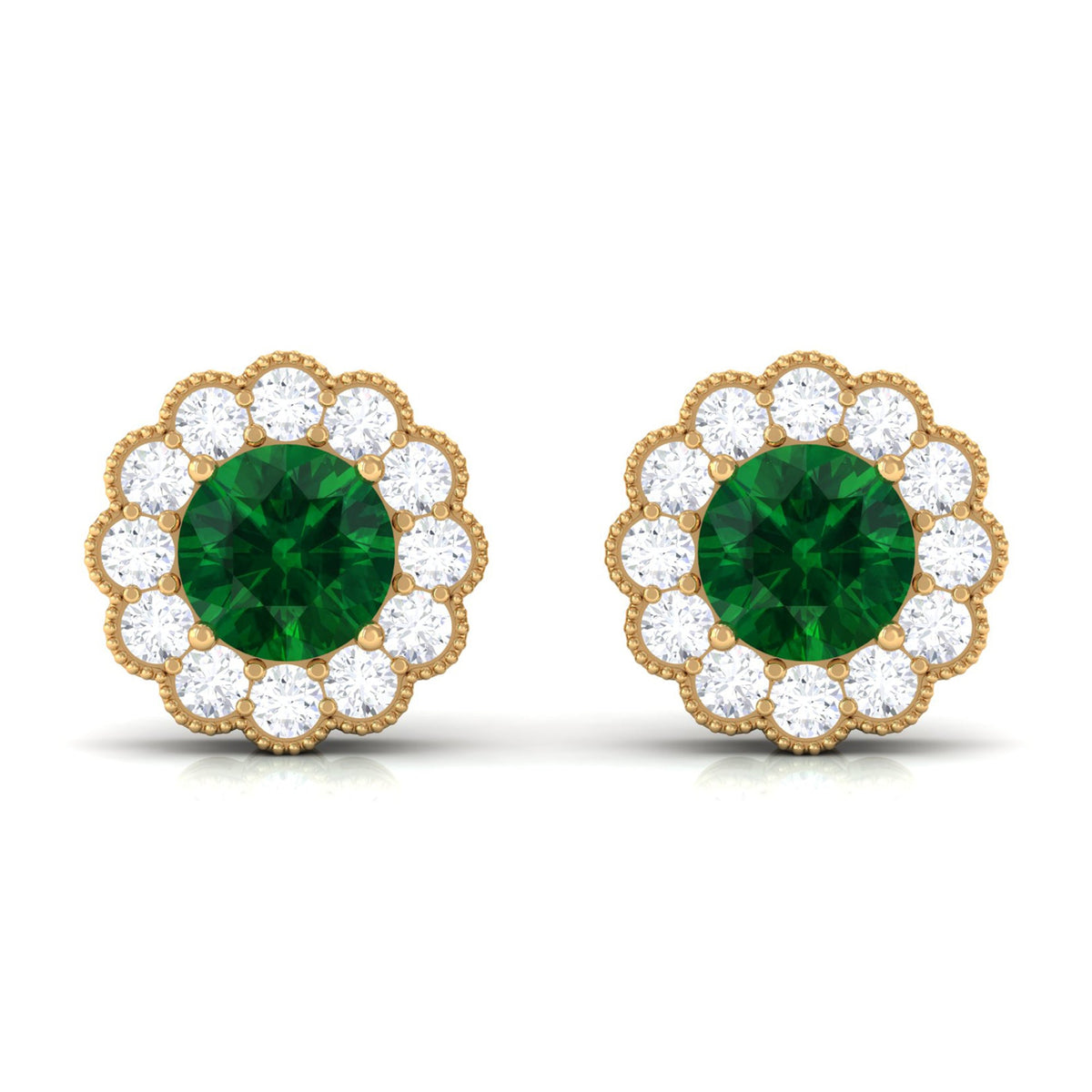 Lab Created Emerald Floral Stud Earrings with Diamond Halo
