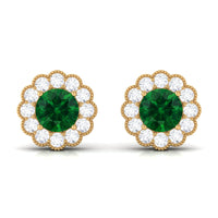 Lab Created Emerald Floral Stud Earrings with Diamond Halo