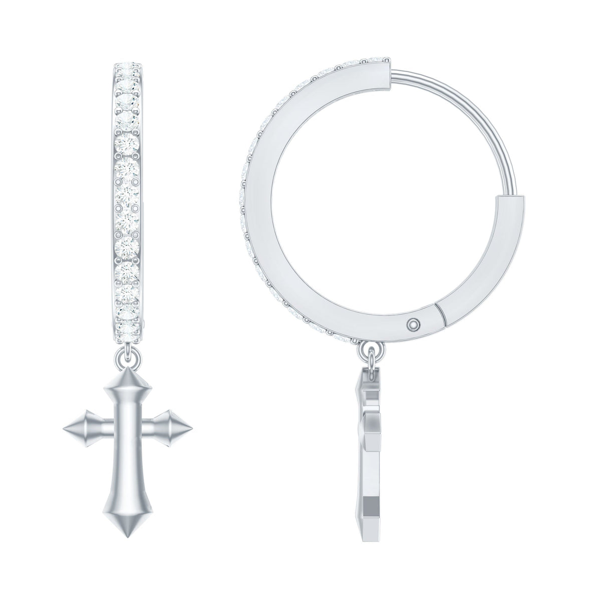 Rosec Jewels Certified Diamond Cross Drop Hoop Earrings showcasing sparkling diamond crosses and elegant hoop design.