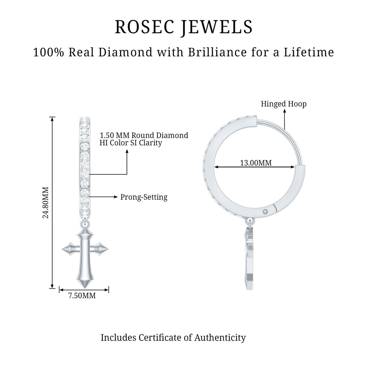 Rosec Jewels Certified Diamond Cross Drop Hoop Earrings, elegant earrings with diamond accents and hoop design.