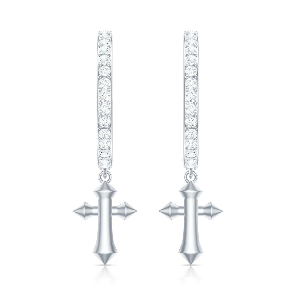 Rosec Jewels Certified Diamond Cross Drop Hoop Earrings showing sparkling diamond crosses on silver hoops.