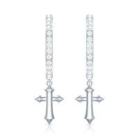 Rosec Jewels Certified Diamond Cross Drop Hoop Earrings showing sparkling diamond crosses on silver hoops.