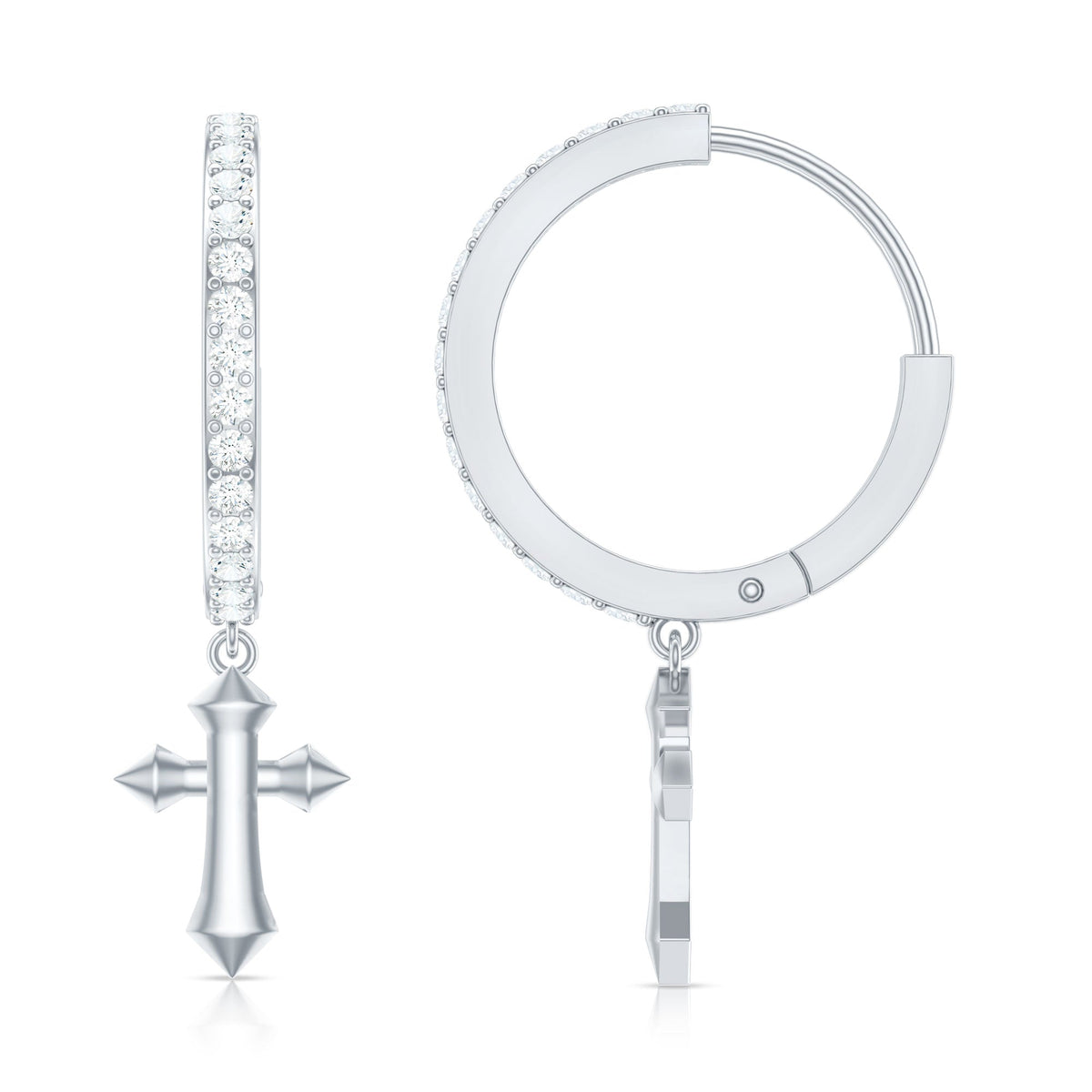 Certified diamond cross drop hoop earrings by Rosec Jewels featuring sparkling diamond accents and elegant hoop design.