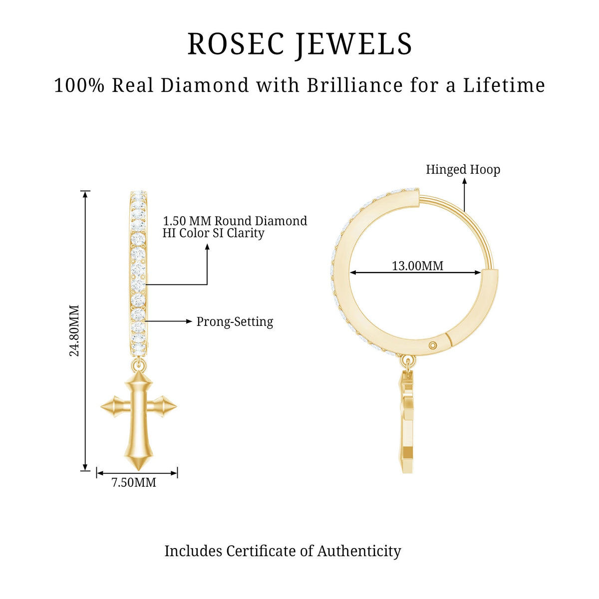 Rosec Jewels certified diamond cross drop hoop earrings featuring sparkling diamonds and elegant hoop design.