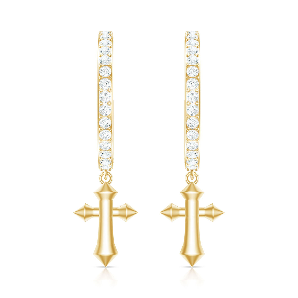 Rosec Jewels certified diamond cross drop hoop earrings featuring sparkling diamonds and gold hoops.