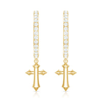 Rosec Jewels certified diamond cross drop hoop earrings featuring sparkling diamonds and gold hoops.