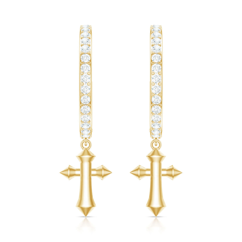 Rosec Jewels certified diamond cross drop hoop earrings featuring sparkling diamonds and gold hoops.