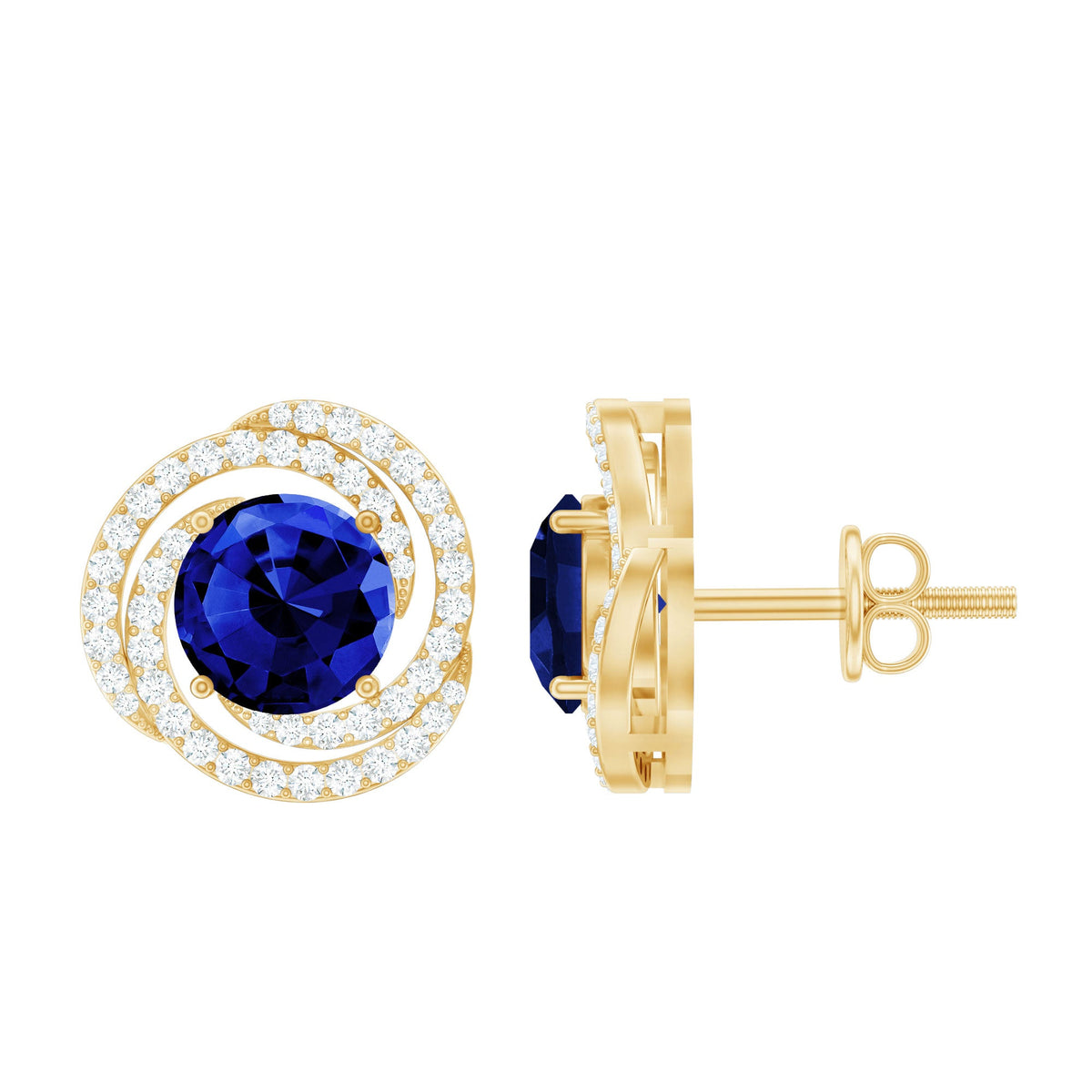 Lab Grown Blue Sapphire and Diamond Swirl Stud Earrings